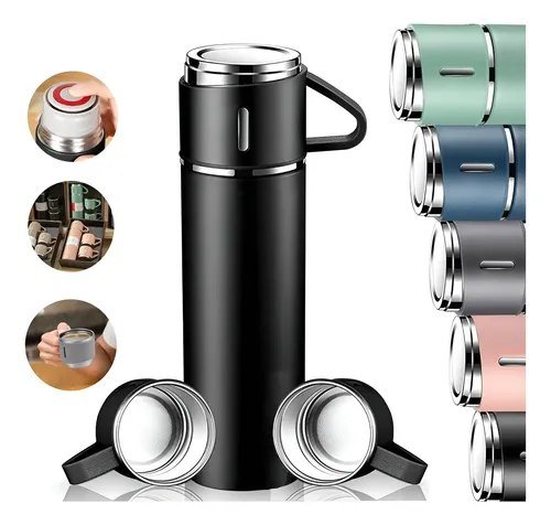 Kit Garrafa Térmica 500ml Vacuum Flask Set C/ 3 Xicaras Preto