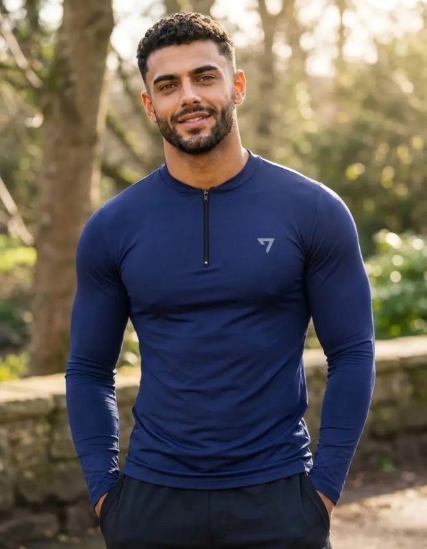 Camisa Térmica Masculina Segunda Pele Manga Longa Com Zíper Azul-marinho