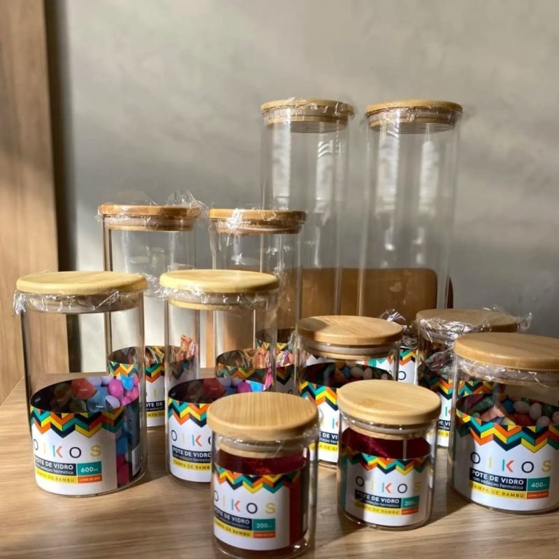 Kit 14 Potes De Vidro Herméticos Oikos Com Tampa De Bambu
