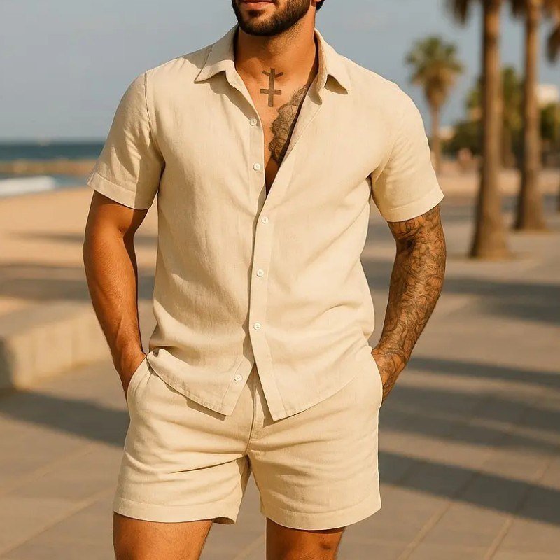 Conjunto Casual Linho Masculino Camisa Botão Bermuda Cordão (P ao GG)