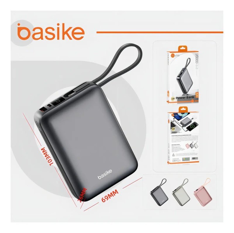 Power Bank Basike 20000mAh Preto, Carga Rápida 22.5W