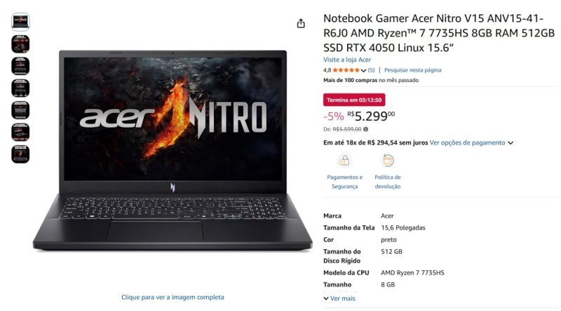 RTX 4050 Notebook Gamer Acer Nitro V15 ANV15-41-R6J0 AMD Ryzen 7 7735HS 8GB RAM 512GB SSD RTX4050 Linux 15.6”