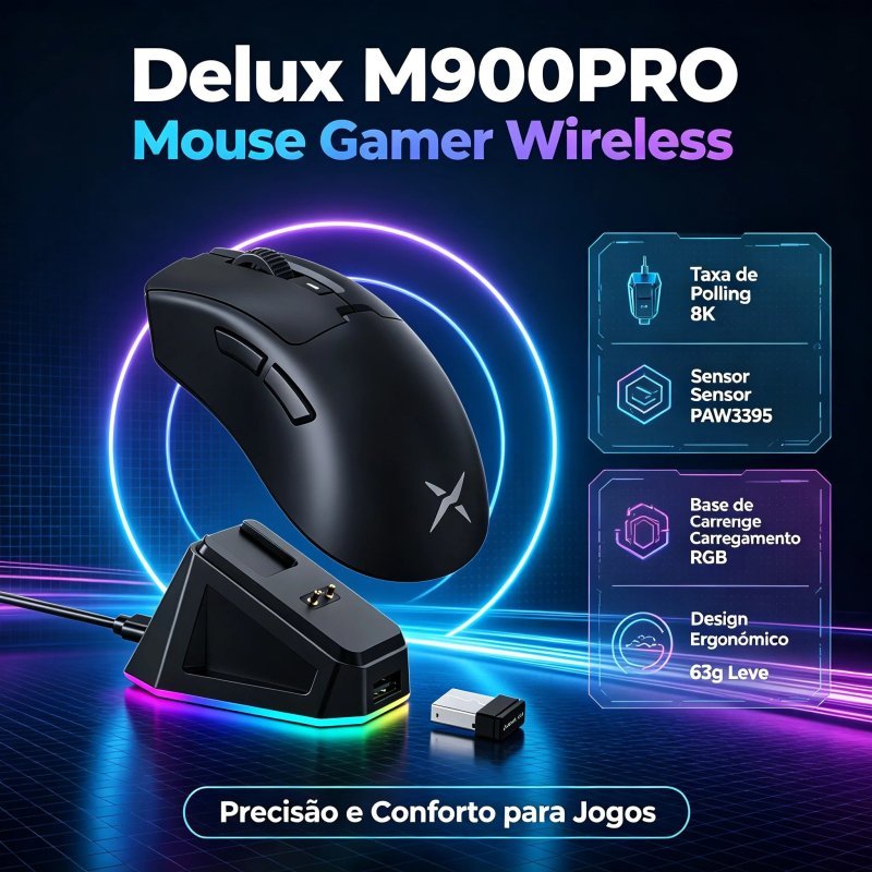 Mouse ergonômico Delux m900pro sem fio 8k paw3395 rgb recarregável