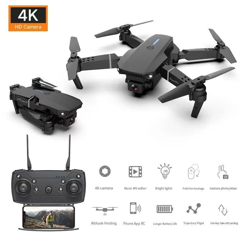 Drone E88 Dual Camera 4K Com 1 Bateria Wi-Fi Preto Novo