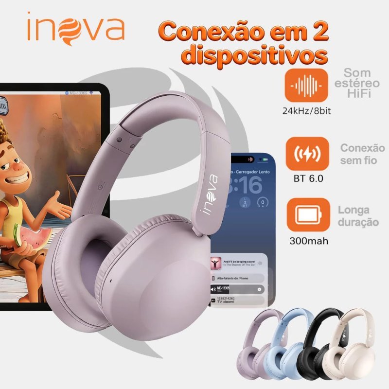 Inova Fone de Ouvido Headphone Bluetooth 6.0 com Alto-Falantes de 40 mm HiFi - Conecte 2 Dispositivos