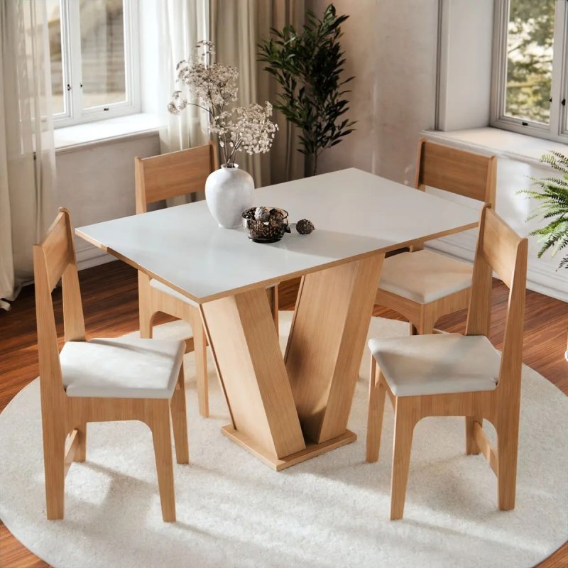 Conjunto Sala de Jantar 4 Lugares com Cadeiras Estofadas e Mesa com Tampo Retangular Semelhante a Vidro