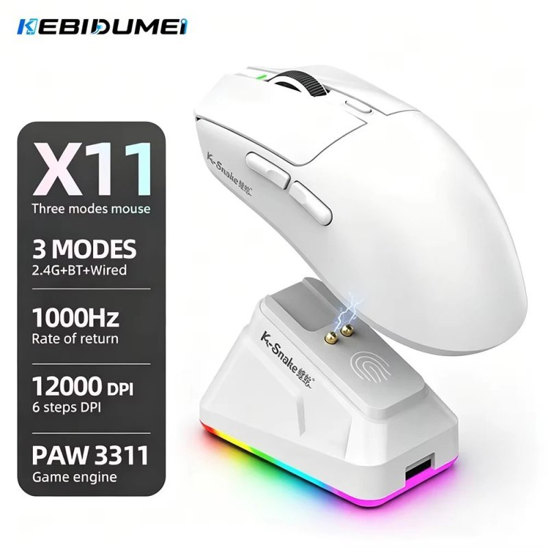 2x Mouse Sem Fio Kebidumei X11 Paw3311 Tri-Mode 12000 Dpi com Tela Rgb, Base de Carregamento Magnética e Compatível com Bluetooth, 2.4G e Fio