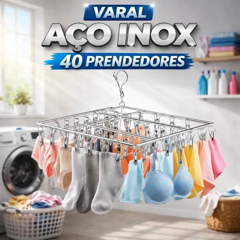 Varal Suspenso Retangular de Aço Inoxidável Tche Amo com 40 Prendedores
