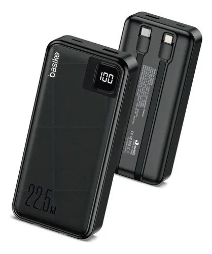 Power Bank Basike 20000mAh Preto, Carga Rápida 22.5W para iPhone e Samsung, Com Cabos Embutidos e Display