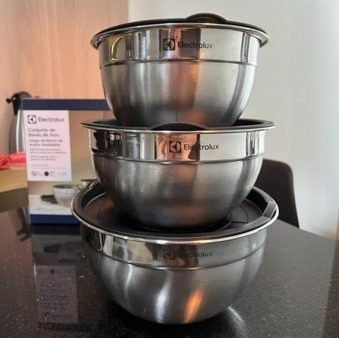 Conjunto com 03 Bowls Tigelas de Inox c/ Tampa Electrolux