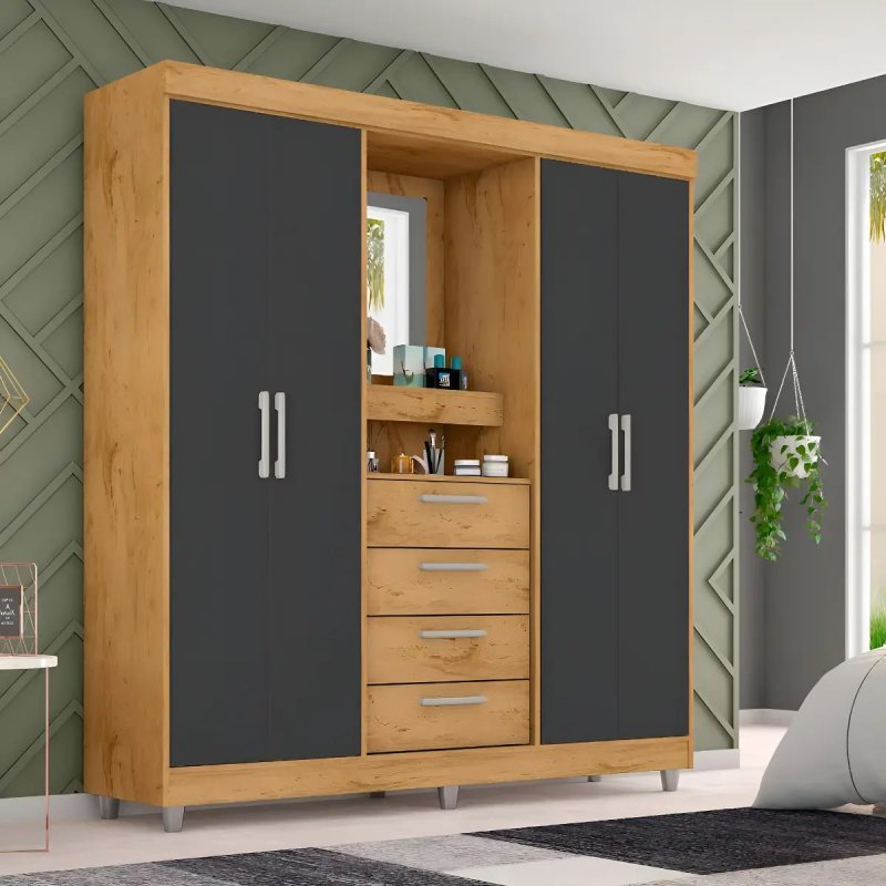 Guarda-Roupa Casal 4 Portas com Espelho 4 Gavetas 2218 Araplac Freijó/Carbono