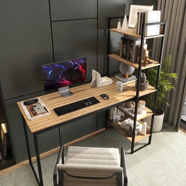 Mesa Escrivaninha Industrial Laminado Com Preto 5 Prateleiras Design Moderno Modelo Para Home Office