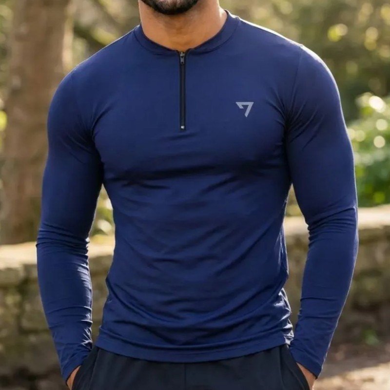 Camisa Térmica Masculina Segunda Pele Manga Longa Com Zíper Azul-marinho