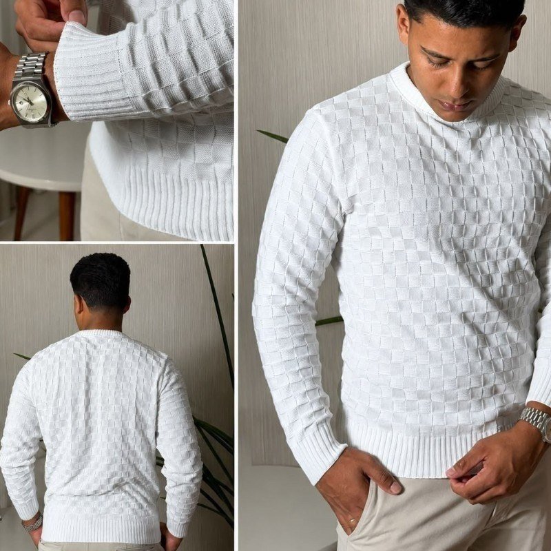 Suéter Masculino Lã Tricot Manga Longa Xadrez Blusa De Frio