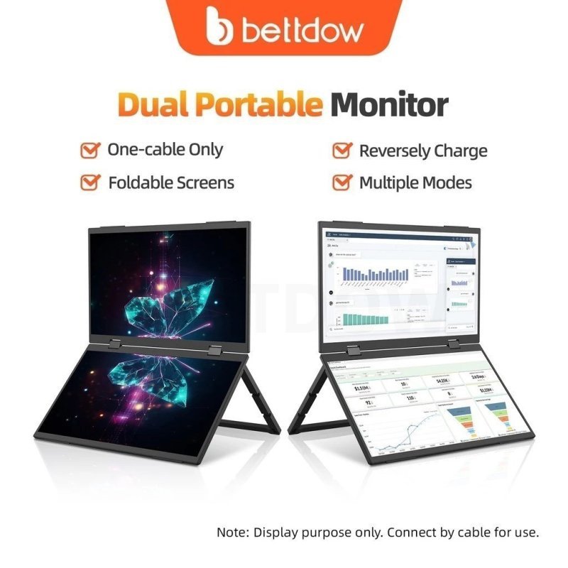 BETTDOW Monitor De Tela Dupla De 15.4 Polegadas Dobrável 315 Graus Portátil 16: 9 IPS FHD Display Com Suporte