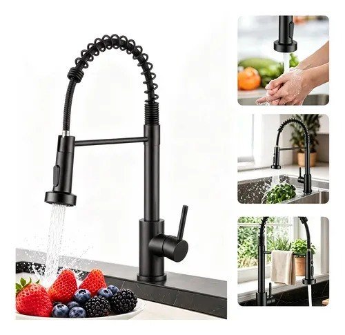 Torneira Cozinha Monocomando Parede Ou Bancada Extensivel Preto Fosco