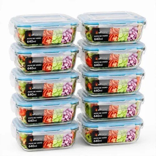 Kit 10 Pote De Vidro Marmita Hermético 640ml Fitness Freezer Sortida