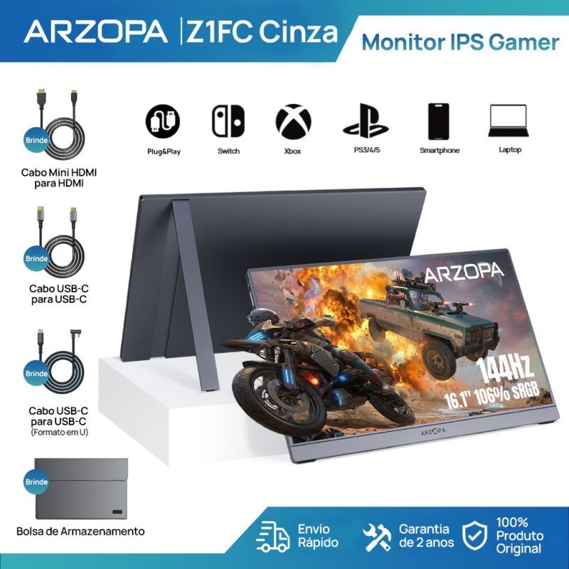 Monitor Gamer Portátil ARZOPA 16.1" 1080P, 144Hz, 106% sRGB, HDR, para Mac, PC, Switch e PlayStation