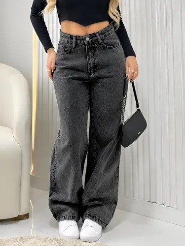 Calça Jeans Wide Leg Feminina Cintura Alta Pantalona Preto Black Marmo Liso 40