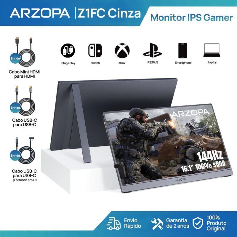 Monitor Gamer Portátil ARZOPA 16.1" 1080P, 144Hz, 106% sRGB, HDR
