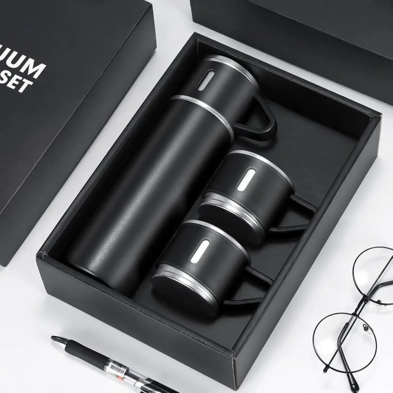Kit com Garrafa Térmica Vacuum Bottle Inox 500ml + 3 Xícaras