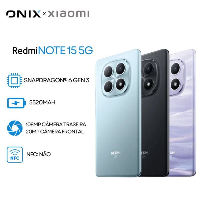 Xiaomi Redmi Note 15 5G 256/512GB e 8GB RAM, Processador Snapdragon 6 gen 3, Câmera 108MP, Bateria 5520mAh