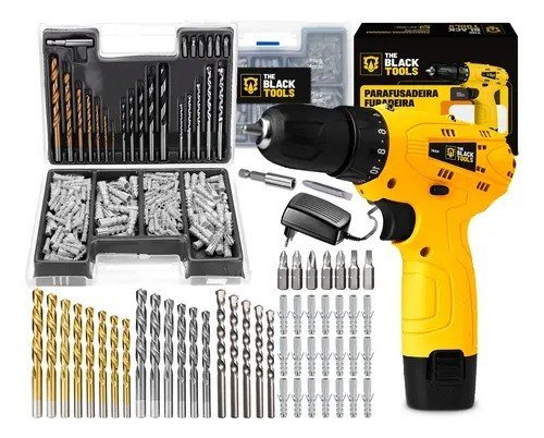 Furadeira Parafusadeira A Bateria 12V 3/8” 10mm Bivolt 350 Rpm The Black Tools + Jogo De Brocas Bits Buchas C/ 300 Peças