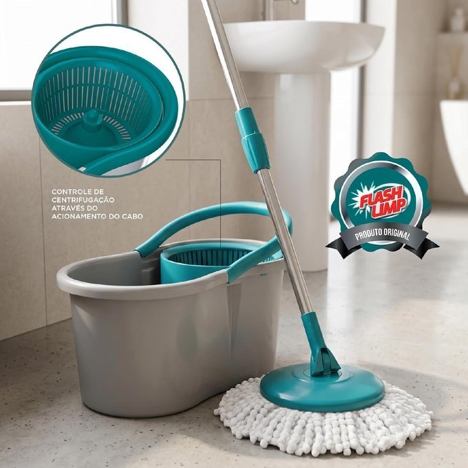 Mop Giratório + Balde 8 Litros Flash Limp + Frete Grátis