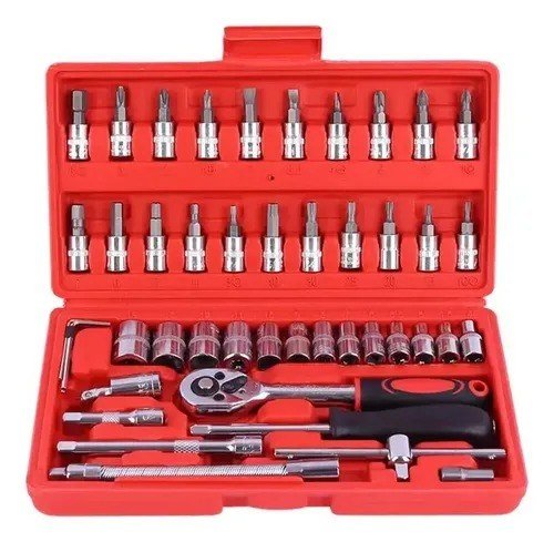 Kit Ferramentas 46 Peças Com Soquetes e Chaves Para Carro e Casa Vermelho