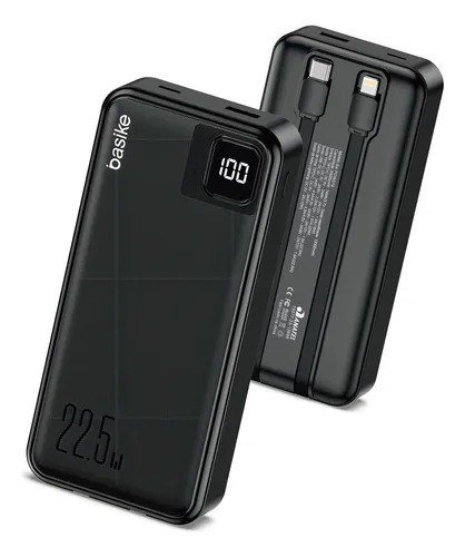 Power Bank Basike 20000mAh Preto, Carga Rápida 22.5W para iPhone e Samsung, Com Cabos Embutidos e Display