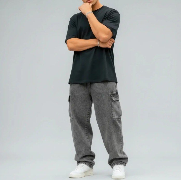 Calça Jeans Cargo Masculina Streetwear Preta Mescla 34 Ao 44