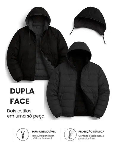 Jaqueta Puffer Masculina Térmica Com Capuz Forro Interno Preto Dupla Face P Liso