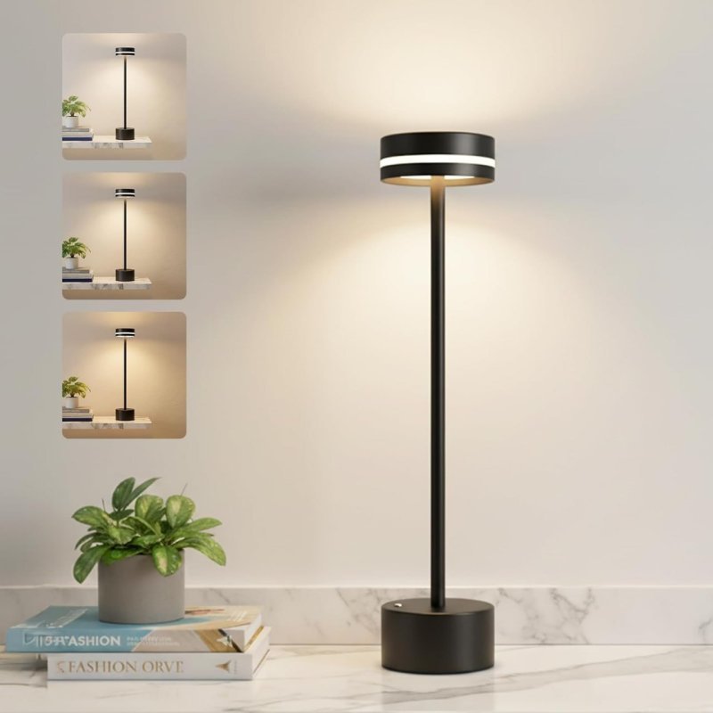 Luminária Abajur de Mesa LED Touch Sem Fio Portátil, Recarregável e Dimerizável, 3 Cores de Luz - Preto