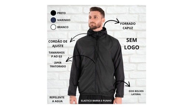 Jaqueta Corta Vento Liso Unissex Esportivo Capuz E Bolsos