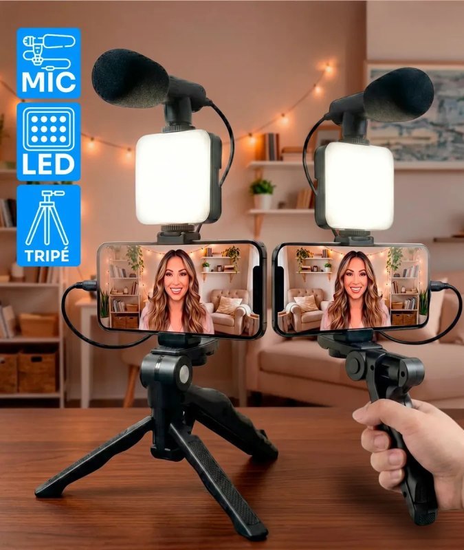 Kit de Gravação Youtuber Tiktoker Video Maker com Estabilizador, Microfone, Tripé e Luz LED Good Vision