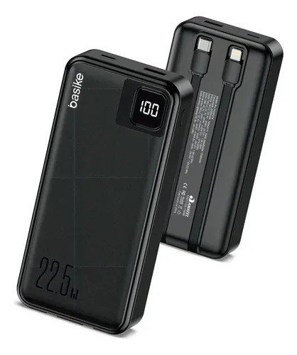 Power Bank Basike 20000mAh Preto, Carga Rápida 22.5W para iPhone e Samsung, Com Cabos Embutidos e Display