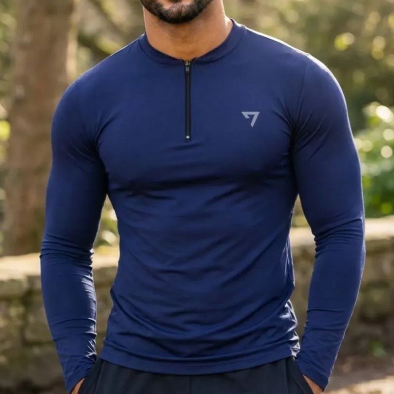 Camisa Térmica Masculina Segunda Pele Manga Longa Com Zíper Azul-marinho