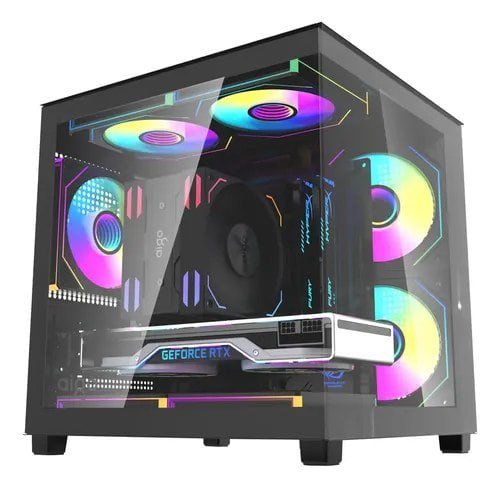 Gabinete Gamer Aigo Luna A275 Preto Mini-Tower com Lateral de Vidro e 3 Fans Rainbow