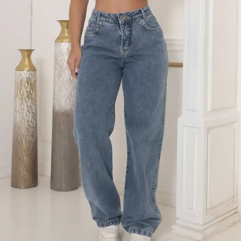 Calça Jeans Wide Leg Cintura Alta Sem Lycra Caimento Solto + Frete Grátis