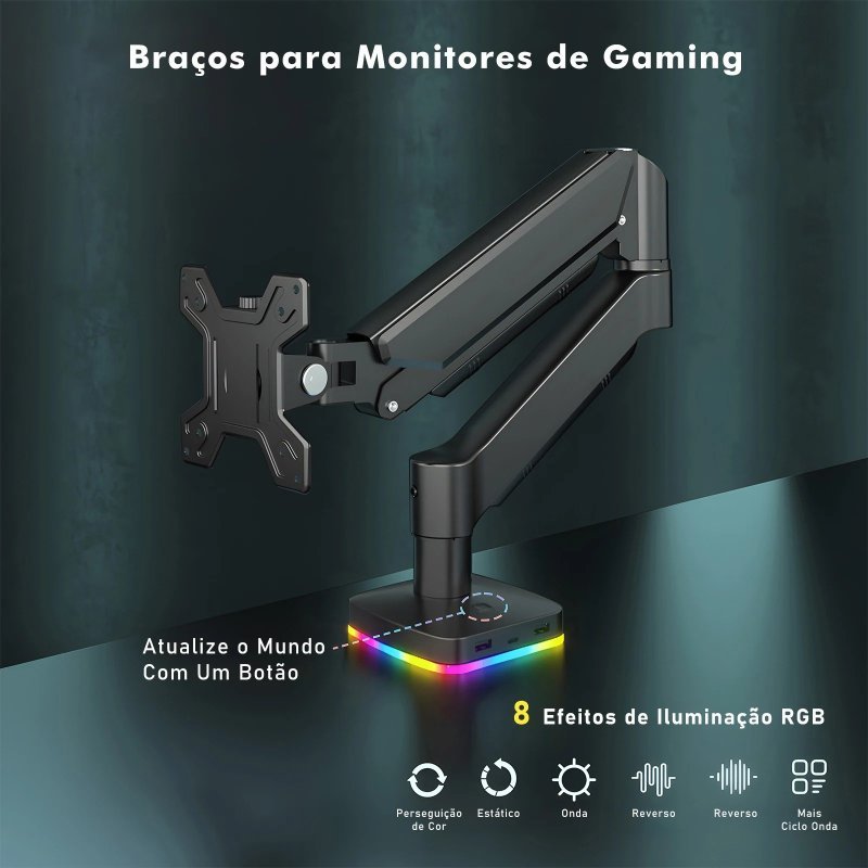 Suporte Articulado para monitor com Rgb, 2 entradas Usb-A, 1 entrada Usb-C
