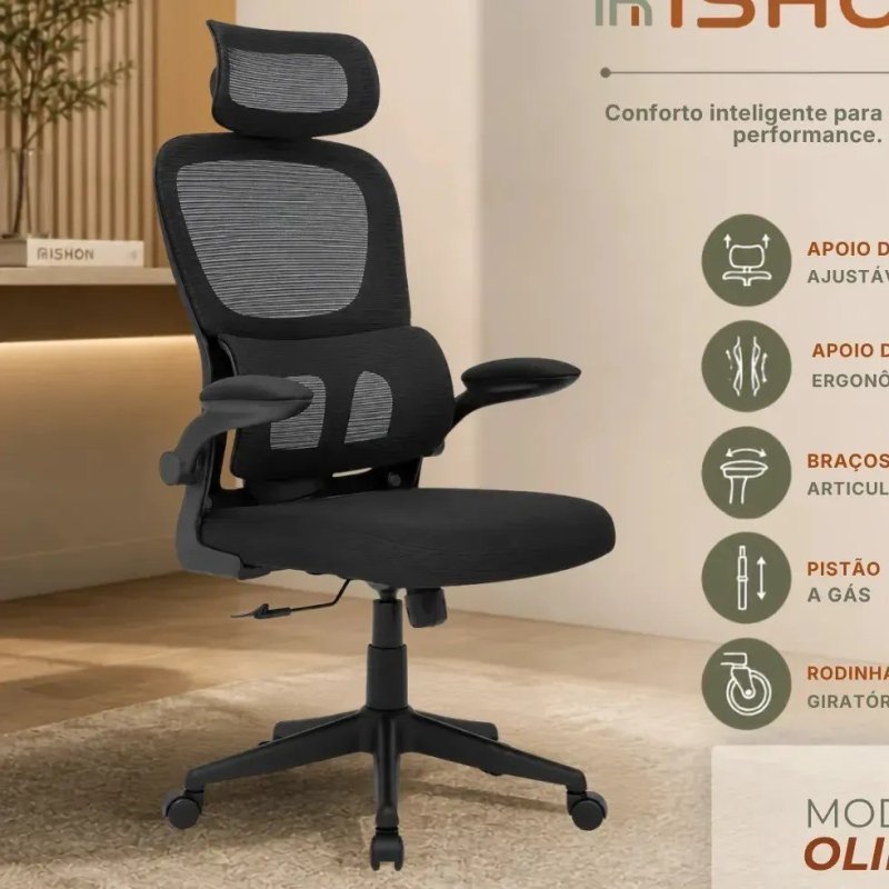 Cadeira Escritório Ergonômica Giratoria Reclinavel Olinda Rsh500 Rishon Cor Preto Com Suporte Lombar Estofado Mesh