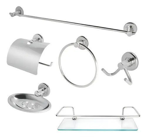 Kit Acessórios Banheiro Inox 5 peças + 1 Porta Shampoo Reto Cor Prateado