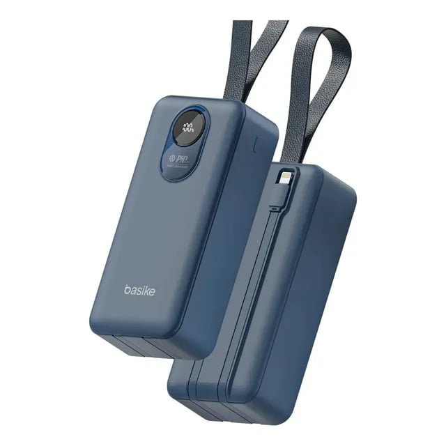Power Bank Basike 30.000mAh Portátil 22.5W com Cabos Embutidos e Display LED Azul