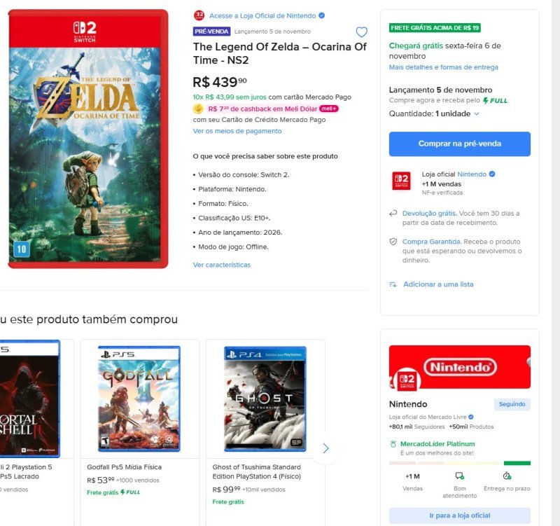 Pré-Venda mídia física de The Legend of Zelda Ocarina of Time Remake para Switch 2