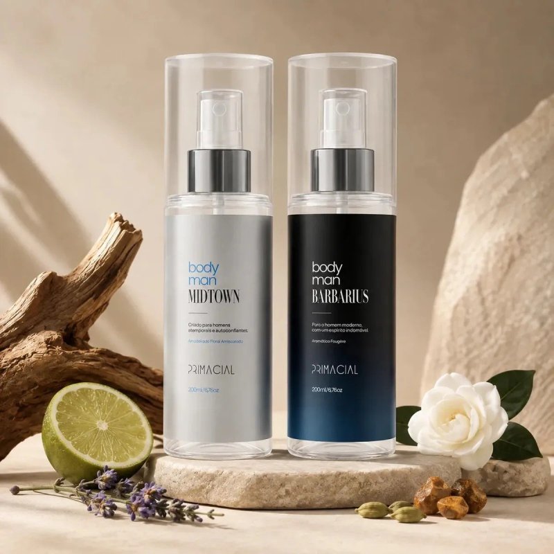 KIT BODY SPLASH MASCULINO BARBARIUS E MIDTOWN 200ML - PRIMACIAL PERFUME FRESCO AMADEIRADO