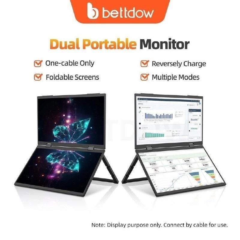 Bettdow Monitor De Tela Dupla De 15.4 Polegadas Dobrável 315 Graus Portátil 16: 9 IPS FHD Display Com Suporte
