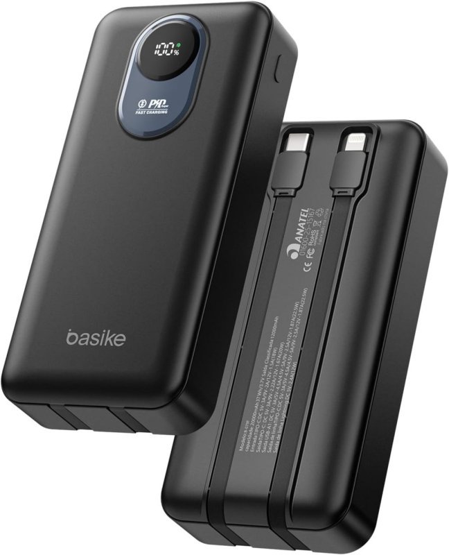 Basike Power Bank 20000mAh, Carregador Portátil, 2 Cabos Integrados (Preto)