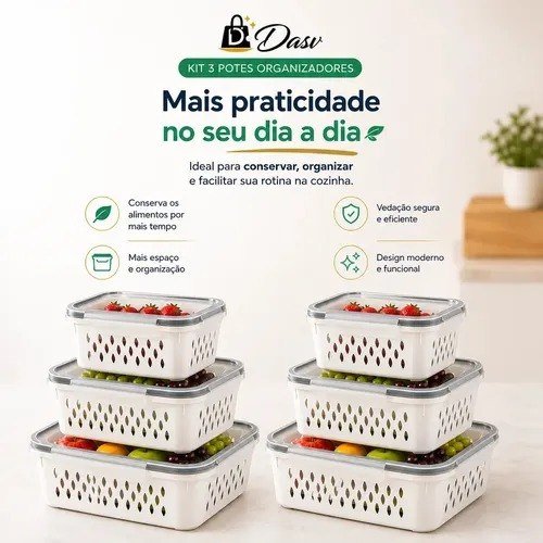 Conjunto Kit 6 Organizadores Geladeira Hermético Escorredor Cesto Frutas Alimentos Verduras Legumes Dasv