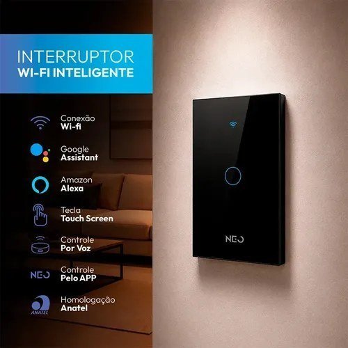Interruptor Smart Inteligente Wi-Fi 2.4GHz Alexa google 1 Botão 4x2 Bivolt Preto Neo Avant