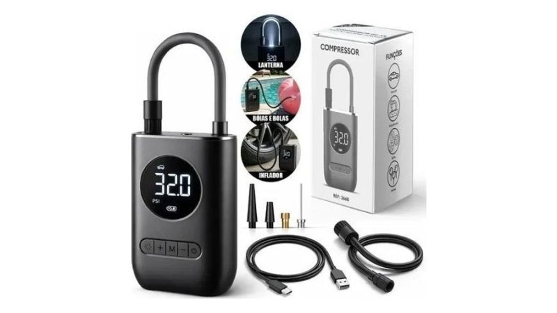 Mini Compressor de Ar Digital Portátil Recarregável Usb-C Lumi Display Lcd Alta Pressão Sem Fio Preto